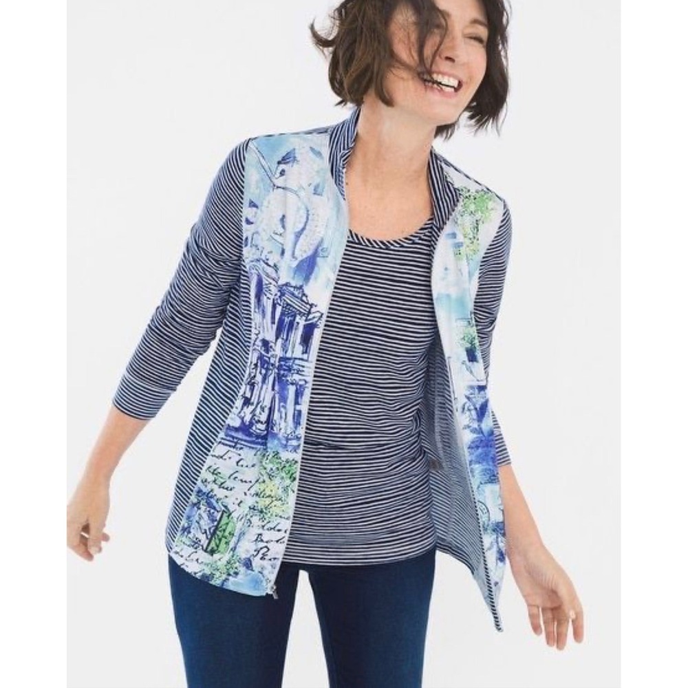 Zenergy by Chico's Zip Front Jacket Blue Travel Print Striped Sleeves L XL